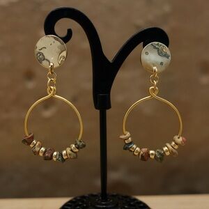 Hand-Shaped Gold Tone Hoops Earrings with Gold and Green/Pink Stones